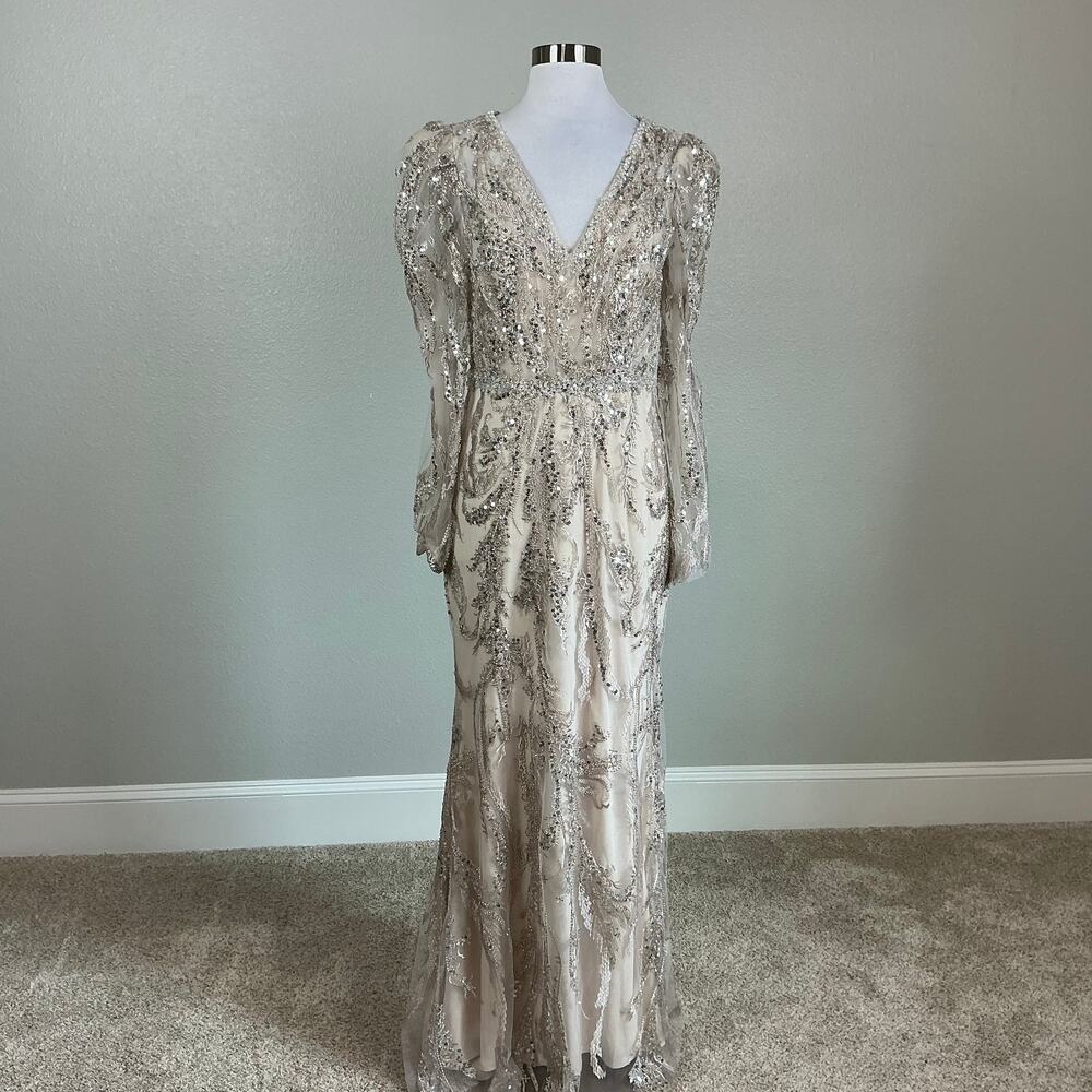 Mac Duggal 20349 Champagne Taupe Evening Gown Sequined Long Sleeve Dress Size 8 - Picture 2 of 12